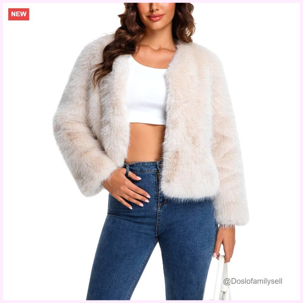 Cropped Faux Fur Jacket Long Sleeve Fluffy Winter Coat Cardigan Outerwear